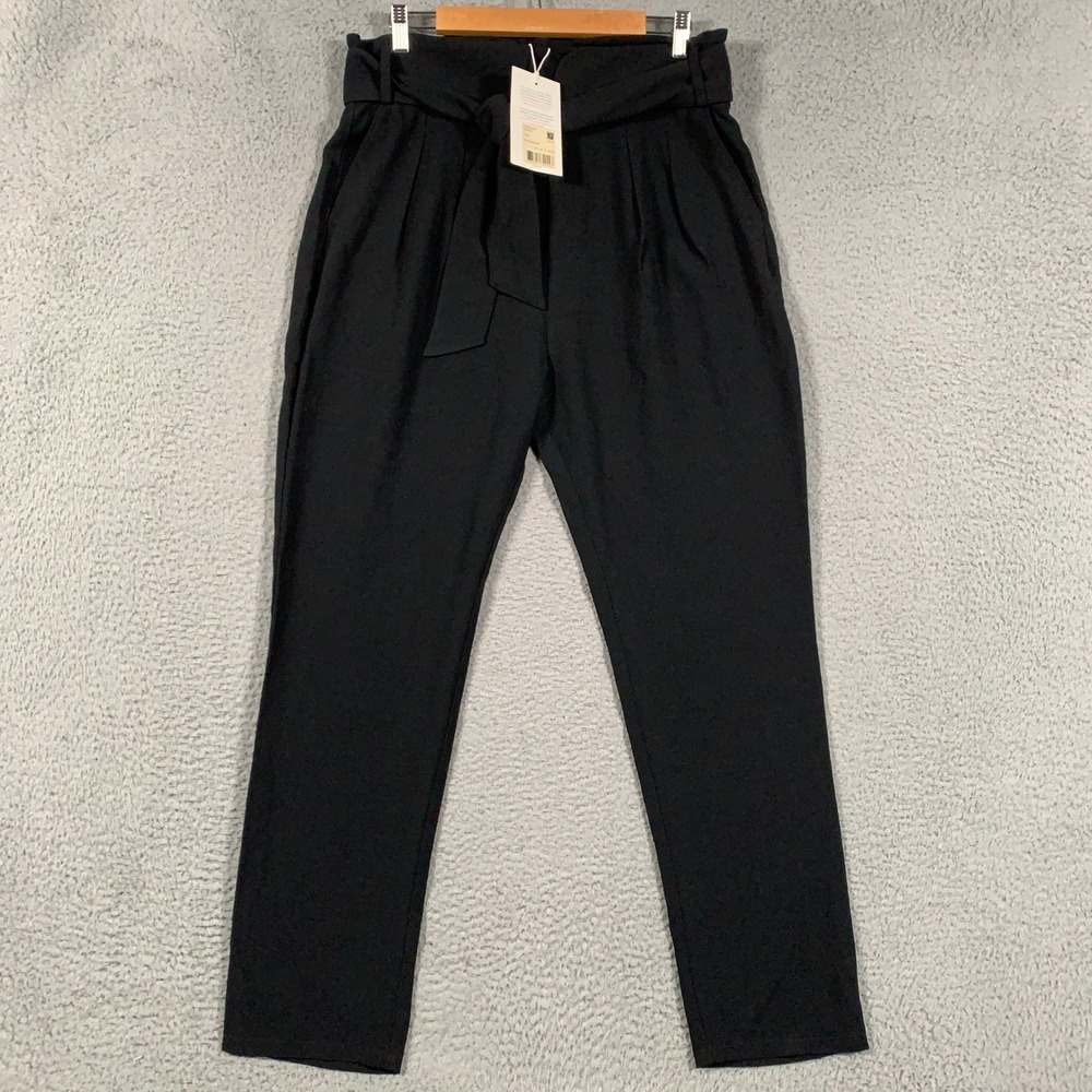 Sezane Austin Trousers Pants Women's US 10 Black Paperbag Waist Tie Belt Tapered